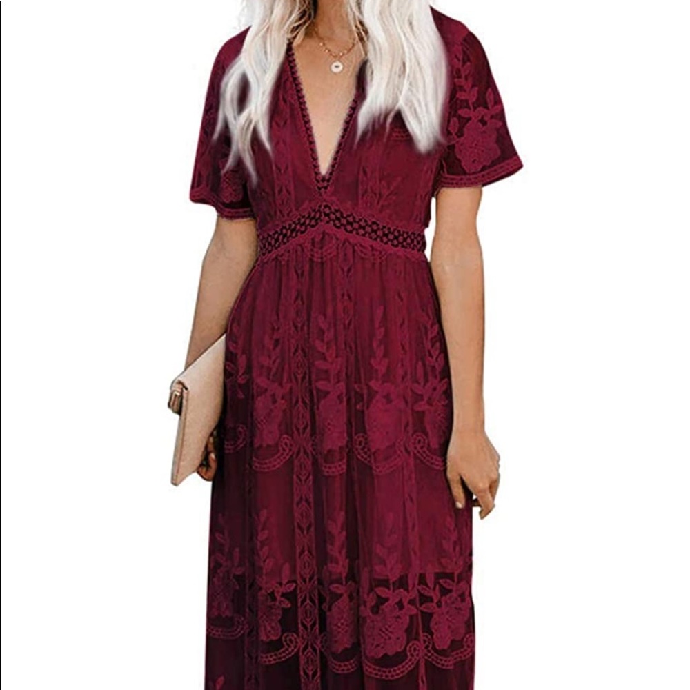 Women's S Deep V Neck Short Sleeve Floral Lace Bridesmaid Maxi Dress Party Gown